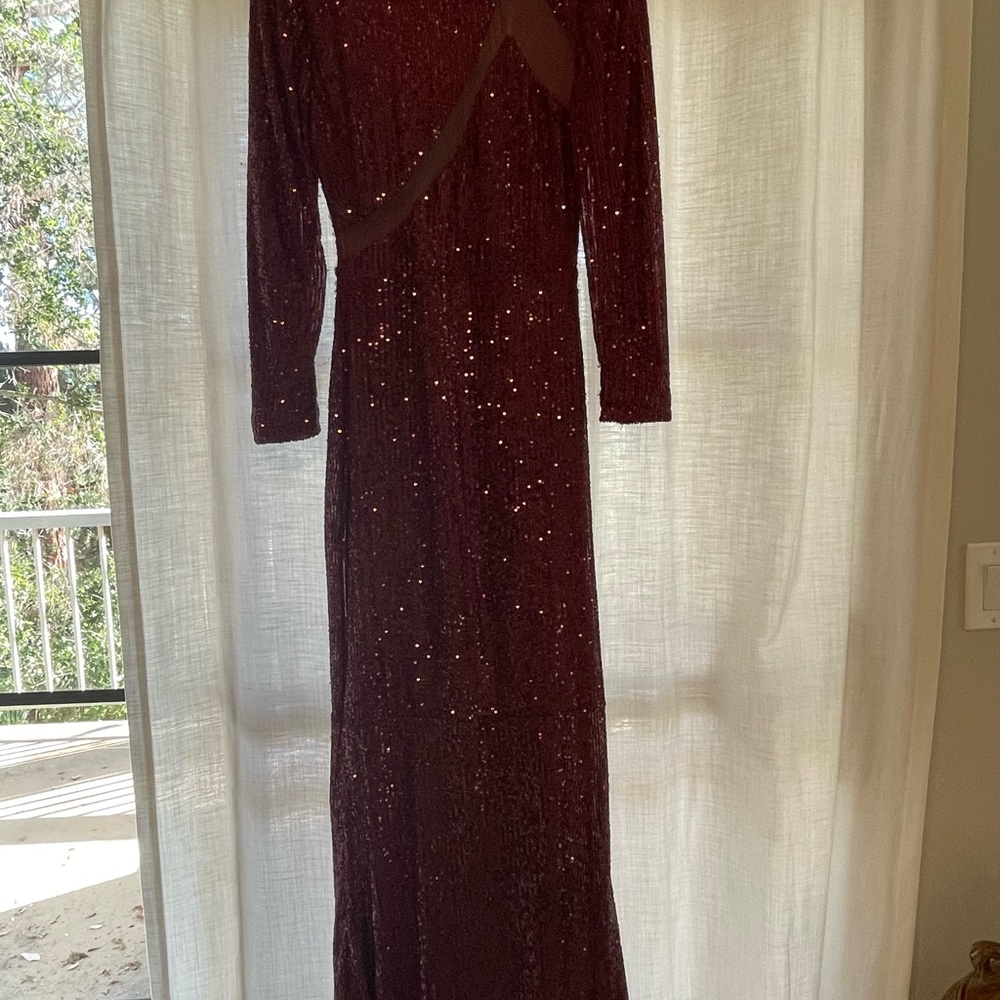 Michael Costello x Revolve Sequin Long-Sleeve Burgundy Gown— Worn Once; Size L; - Picture 5 of 7